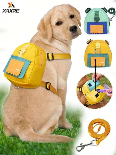 XAXRE Cute Dog Backpack Leash With Poop Bag Dispenser, Suitable For Small & Medium Dogs, Adjustable Hands-Free Design, Portable Treat Pouch For Travel, Hiking, Daily Walking