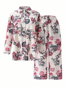 2pcs Vintage Print Set, Comfortable & Versatile, With Lapel Wide-Leg Pants; Suitable For Airport, Island Vacation Or Daily Shopping Spring - Pink - View 5