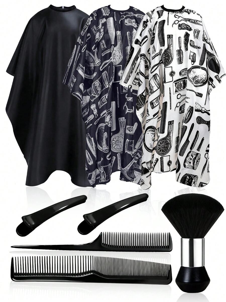 Set de 6 piezas de herramientas para cortar el cabello, que incluye delantal para cortar el cabello, cepillo para el cuello, cepillo para recoger el cabello, peine, peine de púas, pinzas para el cabello, adecuado para salones profesionales y uso doméstico - Multicolor - Ver 1