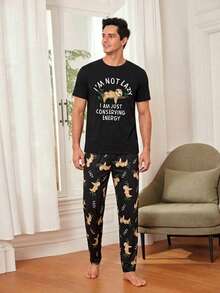 Men's Sloth Cartoon Print Pajama Set, Short Sleeve Top And Long Pants, Casual Homewear 2-Piece Set With Funny Letter Pattern - Black - View 1