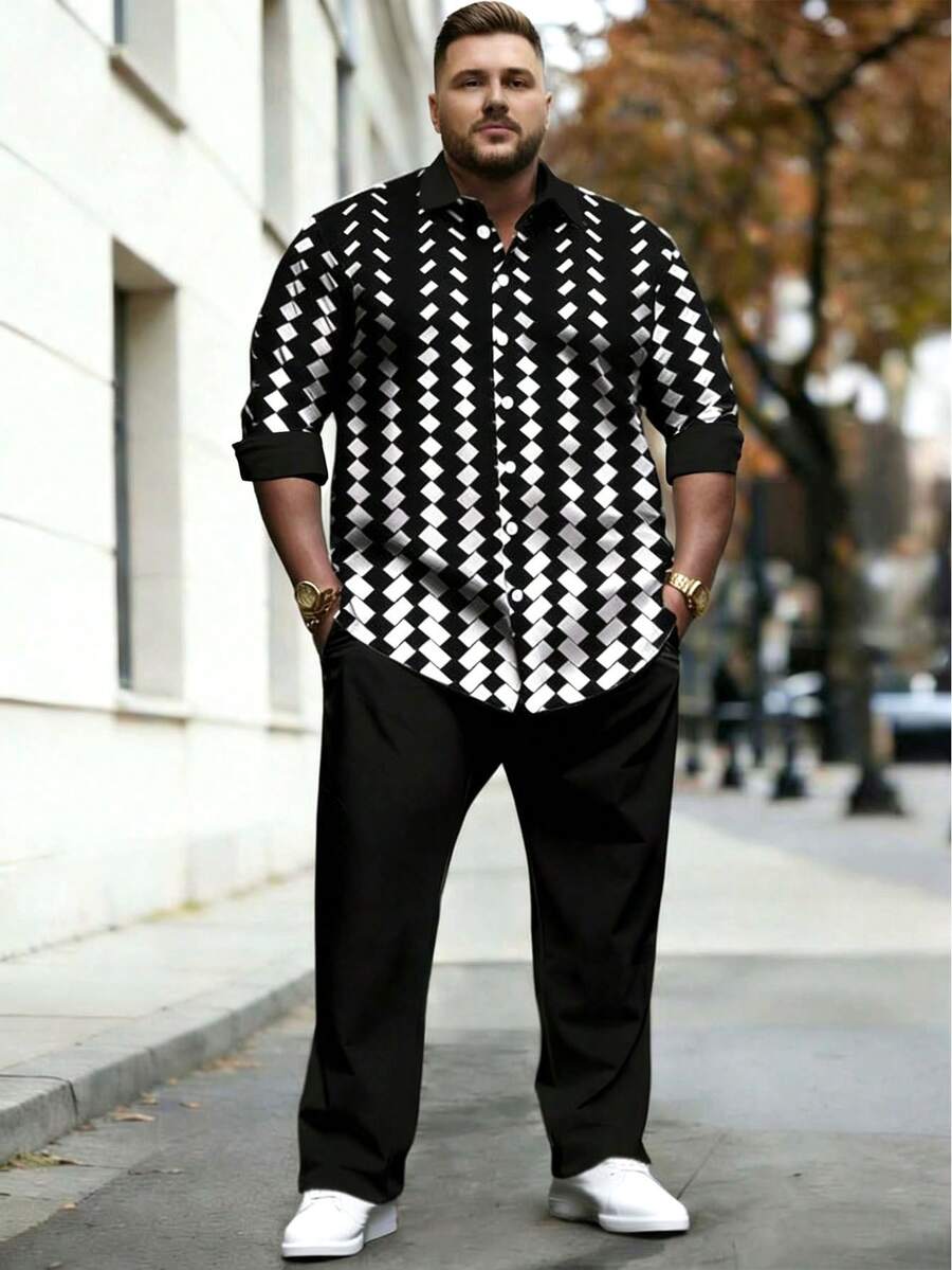 Plus Size Men 2pcs, Business Casual Geometric Print Commute Outfits,Plus Size Spring Commute Workwear Shirt & Pants - 黑與白 - 查看 1
