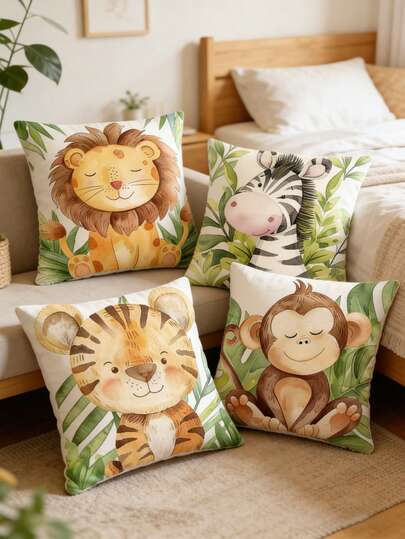 4件套丛林动物图案抱枕套，绿色和浅棕色，高档亚麻装饰枕套，适用于沙发、床、汽车、客厅，不含枕芯，装饰靠垫套，抱枕套，18x18英寸，柔软亚麻抱枕套，家居装饰