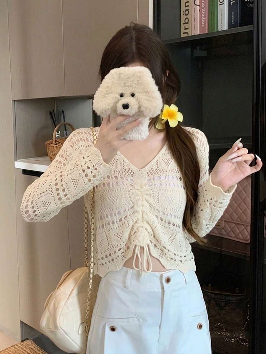 Áo khoác ngoài dệt kim tay dài cổ chữ V khoét rỗng có dây rút - Màu be - Xem 1