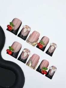 Handmade Short Duckbill Press On Nails, Black, Blush With Cherries, Rhinestones, Chain Details, Ideal For Casual Chic, Fun Outings Summer Easter - 彩色 - 查看 2