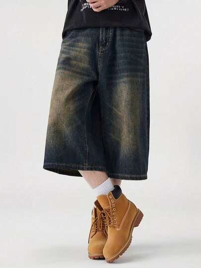 男士休闲百慕大宽松复古牛仔短裤，带口袋，日常穿着