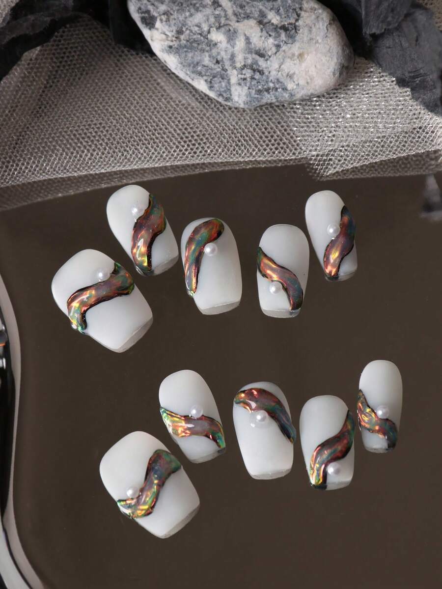 10pcs Press On Nails Nails Press On Nail Supplies White Nails Green Gradient Line Short Nails Fake Nails Artificial Nails Kit Includes 1sheet Adhesive Tabs &1 Pc Mini File - Multicolor - View 1