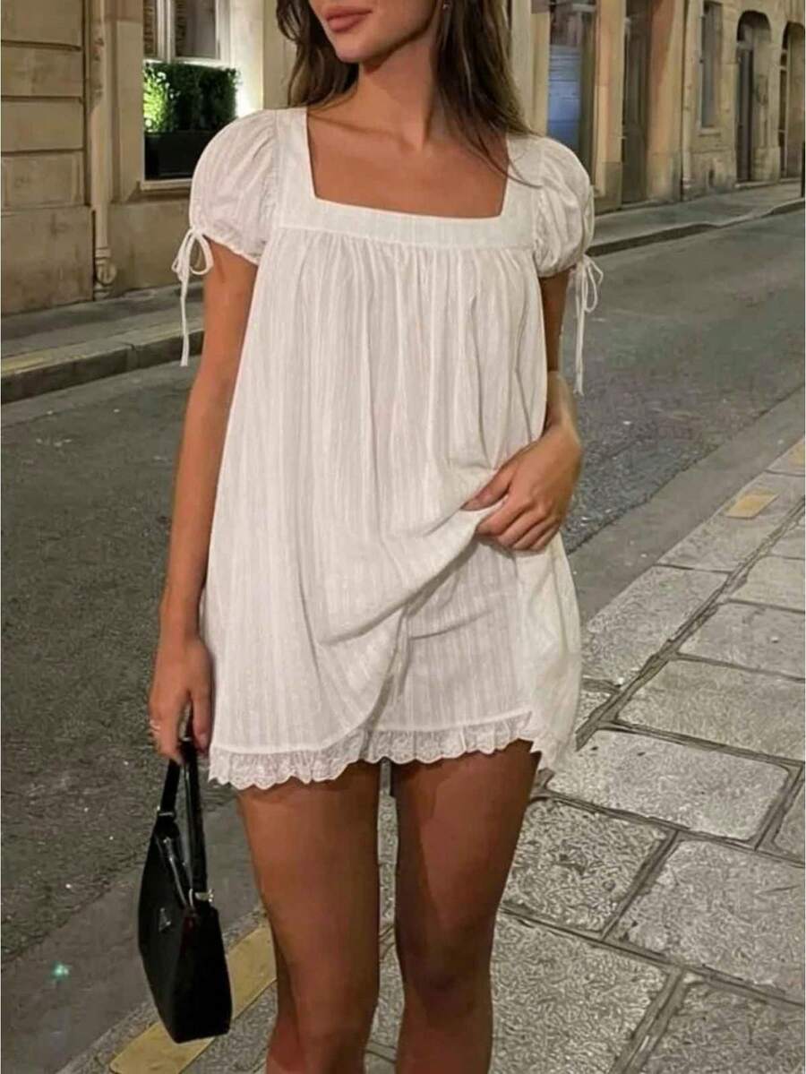 Women's Y2k Doll-Style Top , Fairy-Inspired Retro Sleeveless Square-Neck Sweet Short Party Princess Summer Blouse, Street Style, Concert Outfit, Preppy Mini White Dress - 白色 - 查看 1