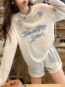 韩版百搭可爱印花字母镂空轻薄长袖针织罩衫，春夏款 - 白色 - 查看 9