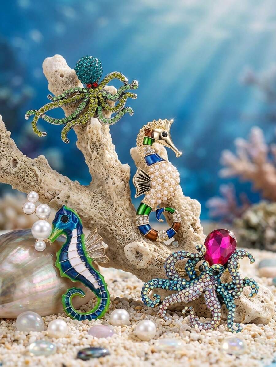 Broches de lujo con rinoestras de pulpo y perla de caballito de mar - Alfileres de vida marina para mujeres y unisex para fiestas casuales, accesorios de joyería, regalos para amigos, insignias y decoración - vida marina - Ver 1