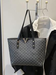 Túi xách cỡ lớn in chữ thời trang, túi đeo vai tối giản bằng da PU dành cho nữ. - màu đen - Xem 8