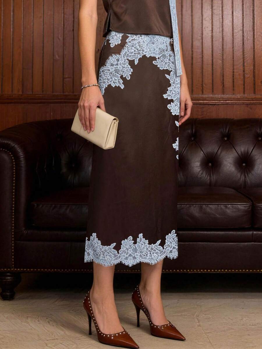 Luxury Women's Mid-Length Brown Polyester Non-Sheer Skirt With Delicate Lace Trim - Coffee Brown - View 1