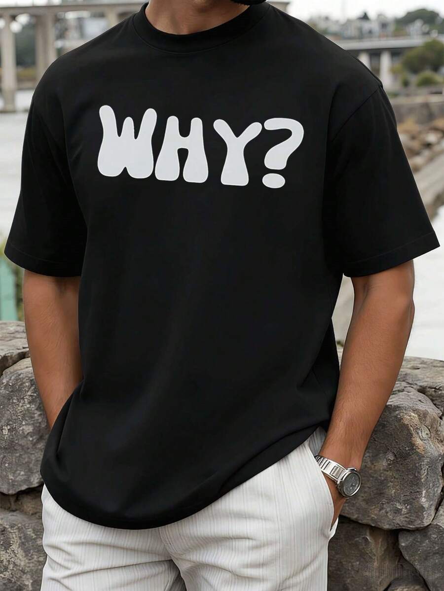 Camiseta negra extragrande con estampado WHY, 100% algodón, cuello redondo, corte relajado, cómoda, estampado llamativo. - Negro - Ver 1