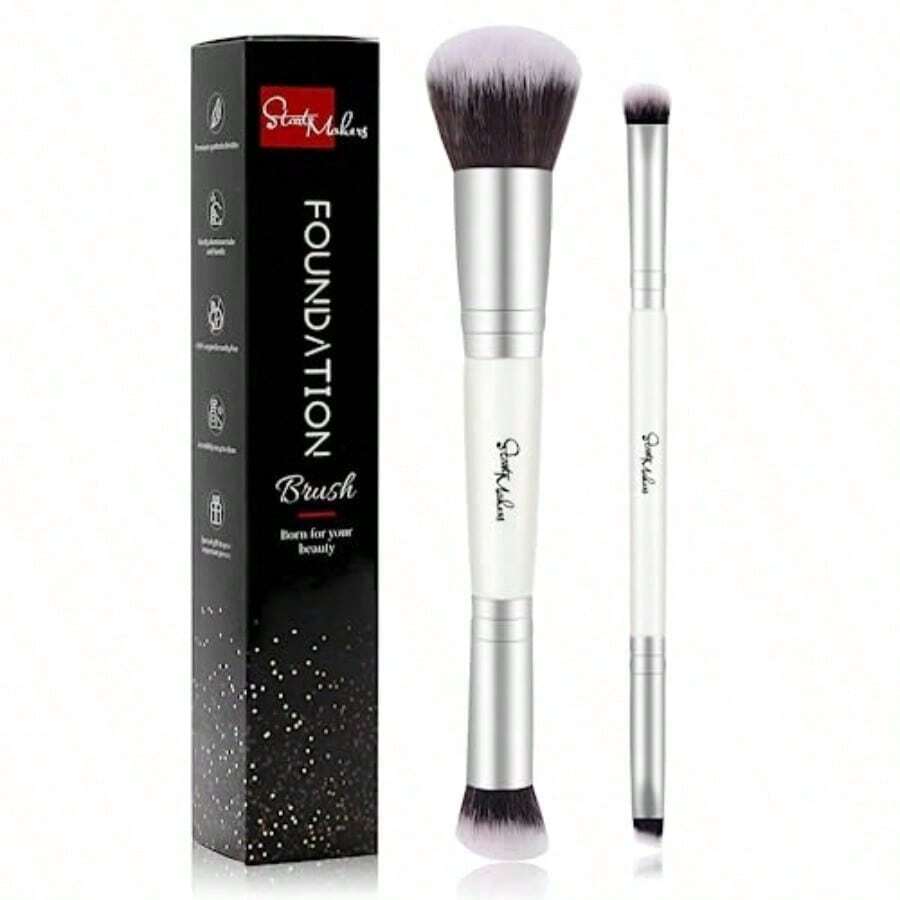 Pinceles de Maquillaje 2 En 1 Brocha de Base de Contorno de Doble Punta Paquete de 2 Brochas Correctoras Brocha para Sombra de Ojos para Cejas Líquidos Polvos Pulido Mezcla Blanco - Blanco - Ver 1