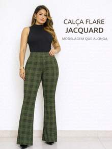 Women's Jacquard Flare Pants, High Waist, Shaping, Elegant, Unbranded, Premium - Dark Green - View 1
