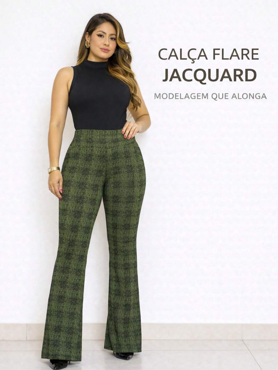 Women's Jacquard Flare Pants, High Waist, Shaping, Elegant, Unbranded, Premium - Dark Green - View 1