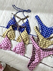 Bộ bikini gợi cảm dành cho nữ, kiểu dáng retro dễ thương với họa tiết hoa nhí, bikini tam giác có thể mặc hai mặt, đồ bơi đi biển, nghỉ mát, màu hồng mùa hè. - Hồng - Xem 6