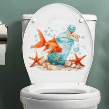 1pc Ocean Goldfish & Drift Bottle Toilet Sticker, Removable Waterproof Bathroom Toilet Seat & Tank Decal With Ocean Animal Design - one-size - View 1
