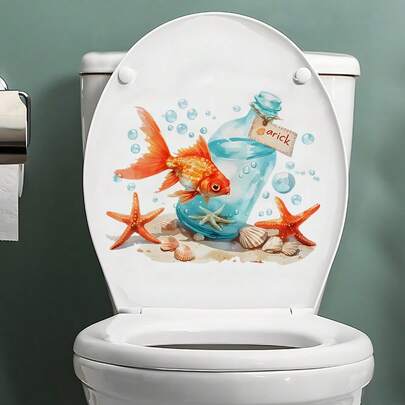 1pc Ocean Goldfish & Drift Bottle Toilet Sticker, Removable Waterproof Bathroom Toilet Seat & Tank Decal With Ocean Animal Design