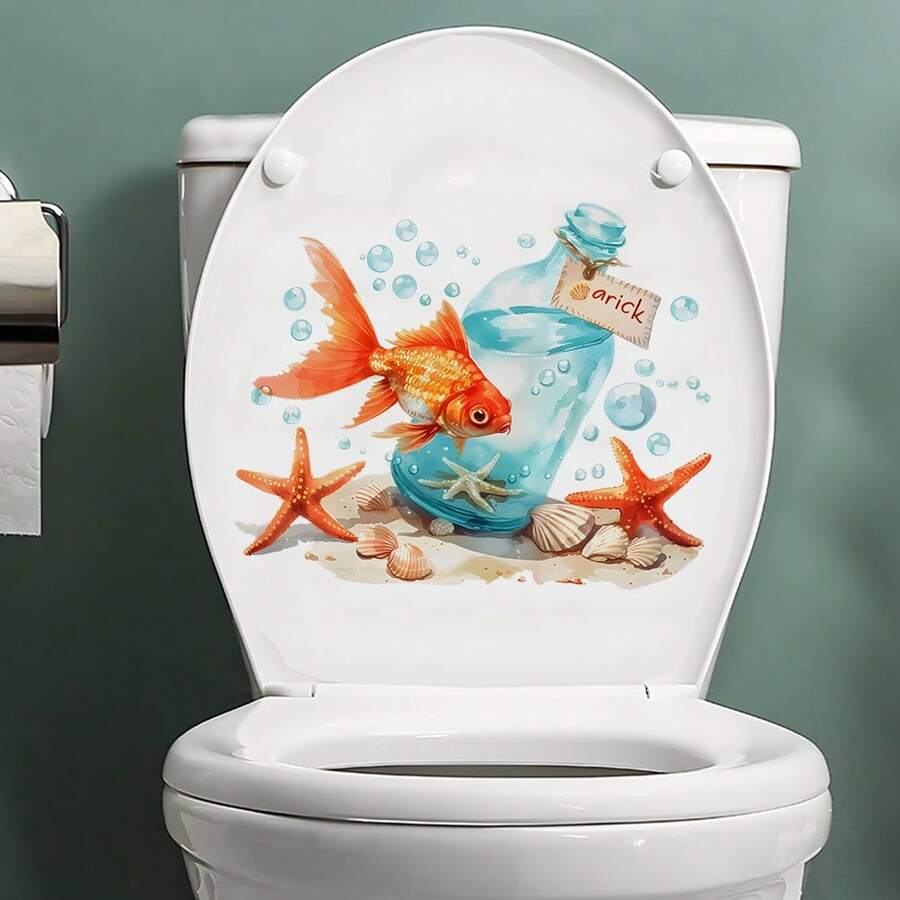 1pc Ocean Goldfish & Drift Bottle Toilet Sticker, Removable Waterproof Bathroom Toilet Seat & Tank Decal With Ocean Animal Design - one-size - View 1