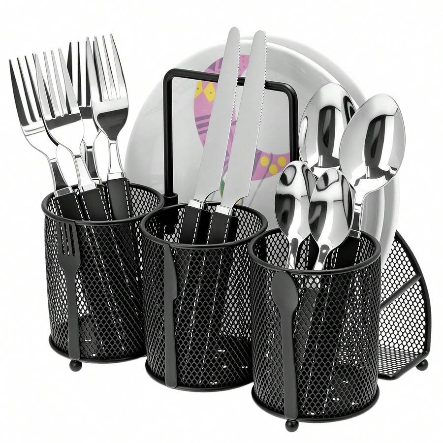 QWORK Soporte Para Cubiertos, Malla De Metal Negro Y Organizador De Acero Inoxidable Con 4 Compartimentos, Diseño De Mango Oculto, Ideal Para Cocina, Fiestas Y Eventos Al Aire Libre, 9.05 Pulgadas De - Multicolor - View 1