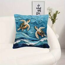 1 pièce Taie d'oreiller avec imprimé tortue de mer, charme côtier - Faux broderie thème océanique avec fermeture éclair, lavable en machine, style contemporain pour salon, canapé, décoration de chambre (sans insert inclus), décoration tortue - 1PC - Voir 4