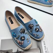 Women's Flat Deep Cut Loafers, Straw Woven Espadrilles, Fashion Slip-On Shoes With Rhinestones - Royal Blue - View 1