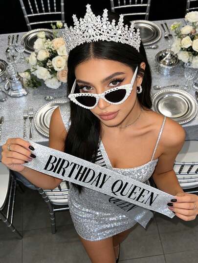 3件套 - 女士生日绶带、女士生日皇冠、女孩生日绶带、女士生日头饰、女孩生日发箍、女士生日眼镜、生日女王时尚眼镜、生日派对礼物、时尚闪亮、生日派对套装