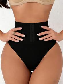 Women Seamless High Waist Tummy Control With Hook-And-Eye Closure Thong Design Lifting Shaping Briefs - 黑色 - 查看 1