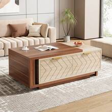 LITTLE TREE Extendable Coffee Table With 2 Storage Drawers, Dual-Tone Center Table With Sliding Tabletop, Multi-Functional Hidden Storage Wooden Rectangle Cocktail Table For Living Room - Walnut & Oak - View 3