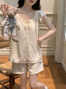2pcs Spring/Summer New Square Neck Camisole & Shorts Pajama Set, Casual Solid Color Comfortable Sleepwear, Loungewear | Cute Pajama Set | Easy Care Fabric - Champagne - View 9