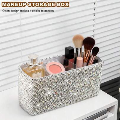 奢华闪亮化妆刷收纳盒，带隔层，优雅梳妆台化妆品收纳盒，化妆刷架，镶钻桌面收纳盒，可收纳化妆刷、口红、腮红和其他化妆品，适合办公用品，女士适用