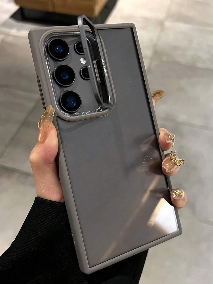 透明商务镜头隐藏式支架手机壳，适用于三星 Galaxy S26 Ultra S25 S24 Ultra S22 Ultra S23，亚克力透明防震保护套 - 灰色 - 查看 1