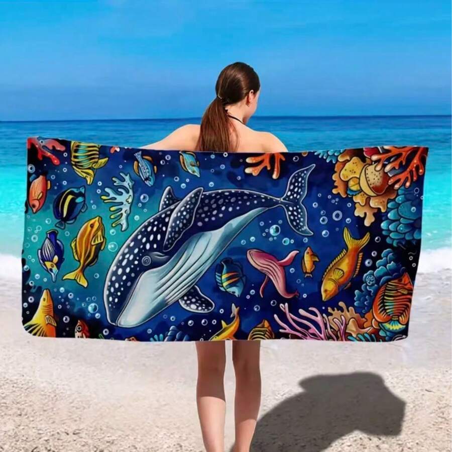 Khăn tắm biển hình cá voi hoạt hình nhiệt đới, mềm mại và nhẹ, thiết kế thế giới dưới nước, thích hợp cho bơi lội, du lịch, cắm trại và các hoạt động nghỉ lễ. - 1 - Xem 1