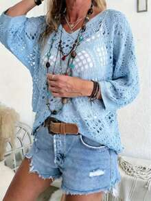V领菱形镂空蝙蝠袖女式毛衣罩衫，春夏款 - 淺藍色 - 查看 2