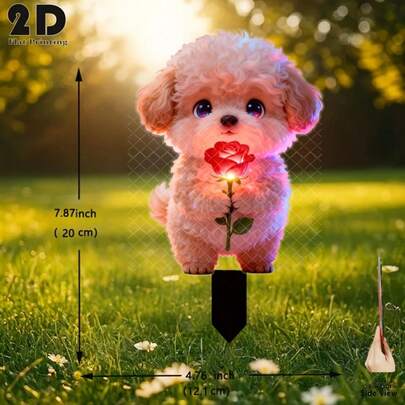 2D扁平化设计，可爱发光小狗手捧发光玫瑰，荧光效果花园装饰插牌，户外庭院花园草坪装饰，花园花坛装饰插牌，适用于庭院、草坪、盆栽植物 - 节日装饰，送给朋友的理想礼物，花园装饰，草坪装饰