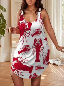 Red Lobster Print Sleeveless Dress For Women Unique Seafood Graphic Summer Beach Vacation Apparel Stylish Casual Tank Top Skirt Fashion Pattern Beach Dresses For Ladies - 彩色 - 查看 3
