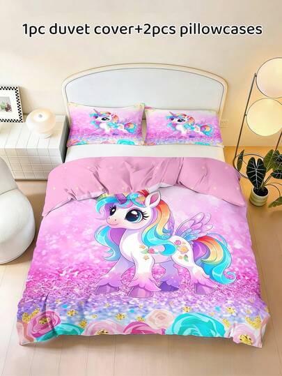 3pcs Cute Rainbow Unicorn Glitter Bedding Set, Soft Microfiber Duvet Cover & Pillowcases, Cartoon Style Kids Bed Set For Bedroom, Birthday & Princess Theme Party