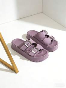 FZY Spring And Summer Women's Double-Strap Slide Sandals, Crafted From Soft, Wear-Resistant Fabric With Waterproof Performance, Featuring Bright Silver Metal Square Buckles With Adjustable Pin Closures To Fit Different Foot Shapes. Height-Increasing Slippers With A Highly Elastic Thick Platform Sole Design That Adds Height, Slims The Figure And Elongates Leg Lines. Casual Shoes With Serrated Anti-Slip Soles That Enhance Walking Safety, Fitting The Foot Shape For Comfortable, Breathable Wear, Beach Slide Sandals Suitable For Multiple Scenarios Including Daily Outings, Commuting To Work And Beach Vacations. Casual Outdoor Shoes That Pair Easily With Jeans,Boasting A Gentle Tone That Suits All Skin Tones And Multiple Styles, Outdoor Casual Shoes That Meet Women's Daily Wear And Comfort Needs. Combining Practicality And Appearance, Commute & Vacation Slide Sandals For Women Who Pursue Height Increase And Comfort, Casual Slide Sandals That Balance Appearance And Practicality In Easter Outfits. - Purple - View 4