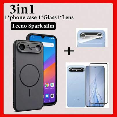 适用于TE CNO Spark Silm/Pova Silm的3合1仿磁吸手机壳，带钢化玻璃屏幕保护膜+镜头保护膜，全方位保护边框 | 防刮硬质后盖，耐用防震手机壳