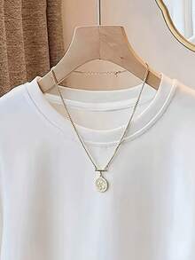 1 Piece Spring/Summer Simple Round-Neck Fashion Loose Versatile Casual Short-Sleeve T-Shirt Women's Top With Printed Pattern New Arrivals 100% Cotton Mother's Day Gift - trắng - Xem 4