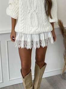 Women's Lace Mini Skirts Casual Low Waist Solid Color Loose Fit Pleated Skirts Summer A-Line Skirts Size Runs Large,Please Buy One Size Smaller - 白色 - 查看 1