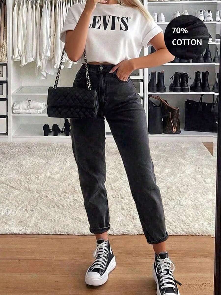 圣诞节超大宽松高腰哈伦喇叭牛仔裤，复古风，显瘦，韩版休闲黑色春季款