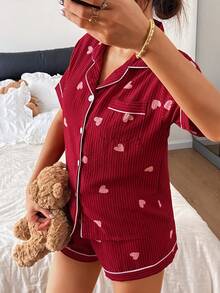 Dreamivo Striped Heart Print Women Short Sleeve Shorts Pajama Set - Red - View 4
