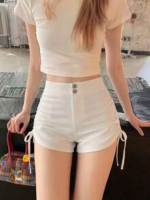 Casual Solid Color Button & Drawstring Ruched Sexy Shorts For Summer White - White - View 3