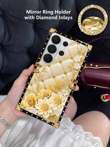 1个金色花朵菱形网格图案长方形时尚防震手机壳，带水钻镜面指环支架，兼容三星Galaxy S26 Ultra/S26/S26 Plus/S25FE/S25 Ultra/S25+/S25/S24 Plus/S24/S24U/S23 Ultra/S22 Ultra/A56 5G/A36/A17/A57 5G/A37 5G/A16和苹果17 Pro Max/17 Pro Max/16 Pro Max/15 Pro Max/14 Plus/15 Plus/14 Pro Max/13 Pro Max等型号。[国际版，非国内版] - 金色+指環支架 - 查看 3