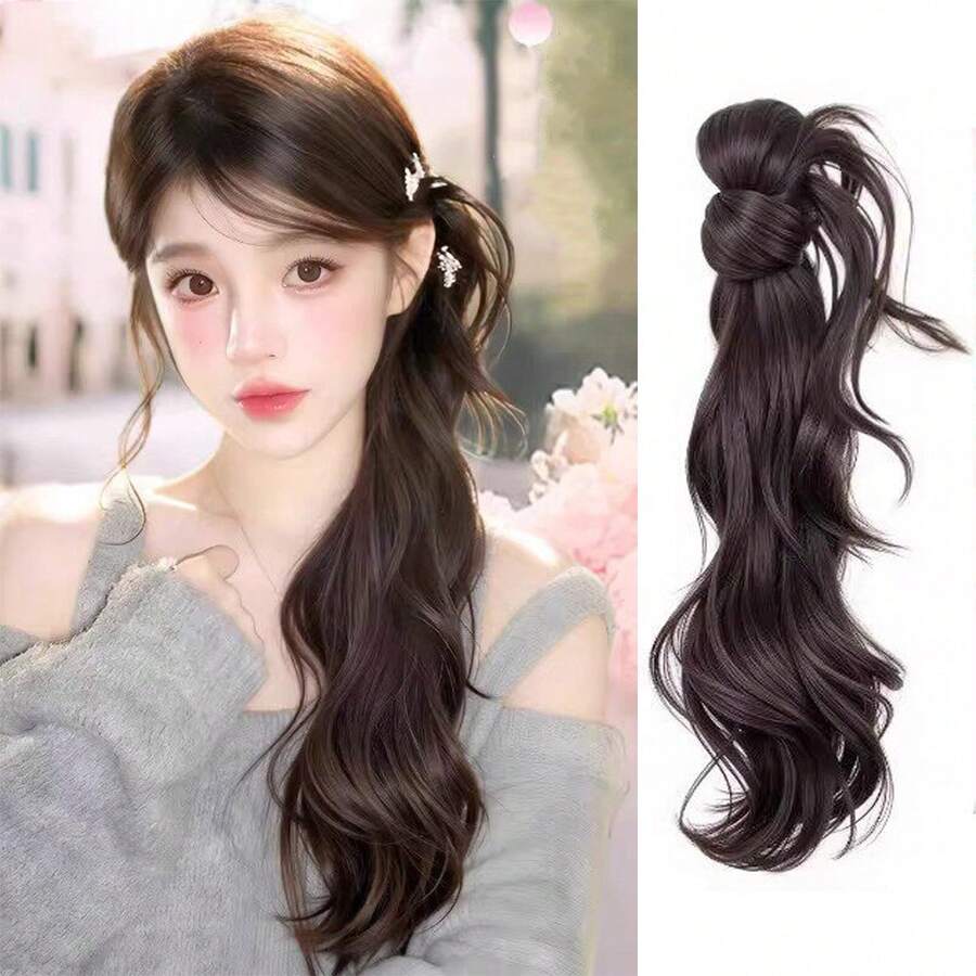 16英寸合成假发马尾辫，小娟风格发髻假发，优雅中式仿辫假发 - Dark Brown - 查看 1