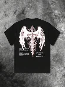 Women's Loose-Fit Round-Neck T-Shirt - Black And White Faith Pattern With Angel Wings Design Geometric Print Casual Summer Top, Machine Washable, Women's Short-Sleeve Shirt - 黑色 - 查看 3