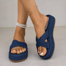 2026 Summer Thick-Soled Wedge Sandals For Women, Large Size Denim Cross-Strap Slippers For Women - Sọc chéo màu xanh - Xem 3