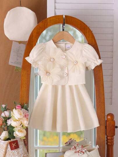 3件套女婴优雅碎花泡泡袖V领外套+纯色无袖收腰连衣裙+配套贝雷帽套装，夏季