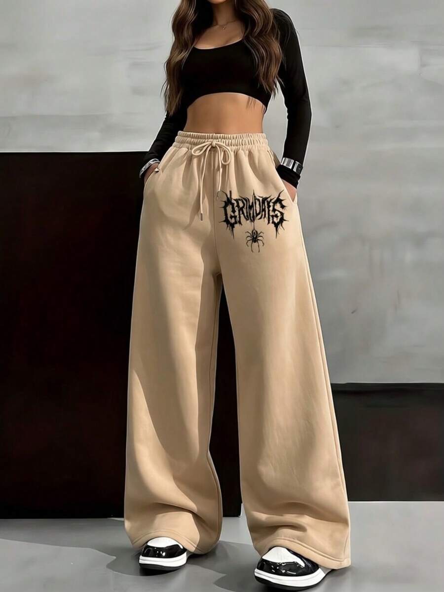 Wide Leg Pants With Hip-Hop Print 'Spider Letters' Streetwear, Comfortable, Versatile, Casual, For Going Out, Holiday Basic, Knit Fabric, Pocket, Drawstring, Tie, Airport Clothes, Holiday, School, Night - 米色 - 查看 1